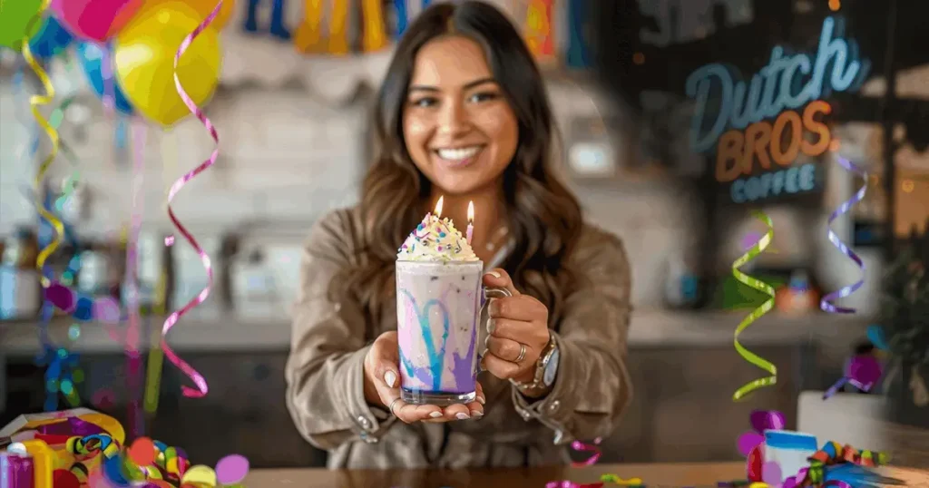 What is Dutch Bros Birthday Drink: How to Get a Free Drink On Your Birthday 4 Dutch Bros Birthday Cake drinks topped with soft cream and sprinkles