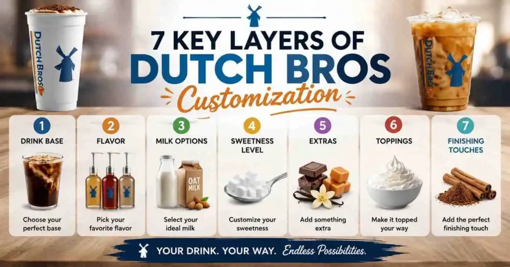 Infographic explaining the 7 Layers of Dutch Bros Customization for creating your perfect Dutch Bros drink