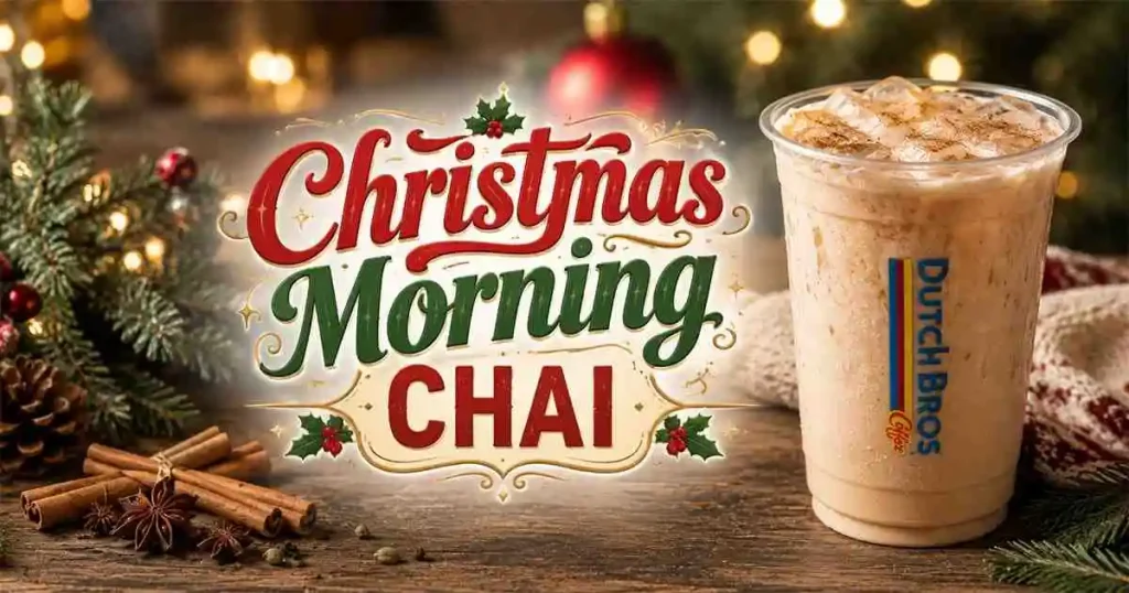 Christmas Morning Chai Dutch Bros holiday drink with creamy chai latte, cinnamon topping, festive cup, and Christmas decor.