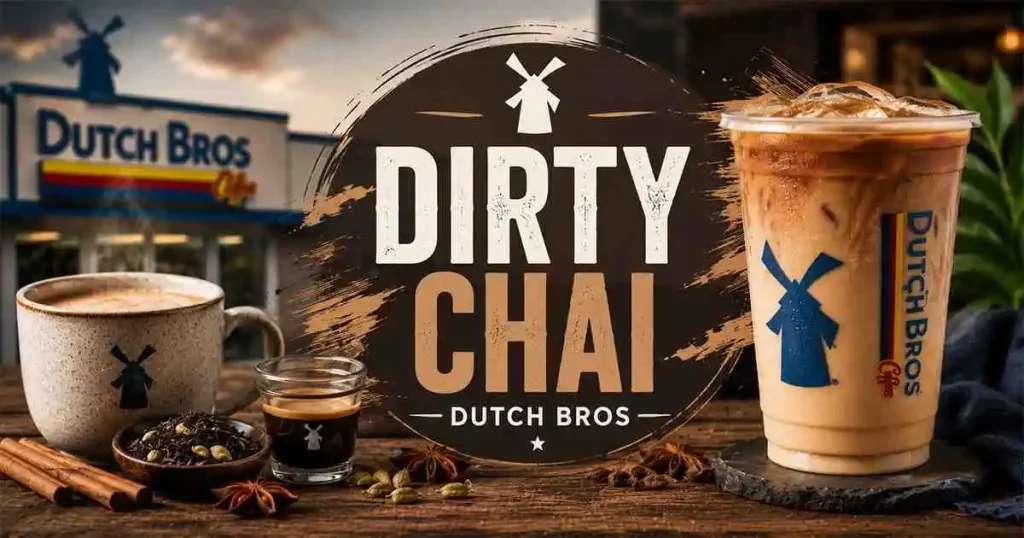 Dirty Chai Dutch Bros made with bold espresso, spiced chai tea, and creamy milk, served over ice in a refreshing handcrafted drink.