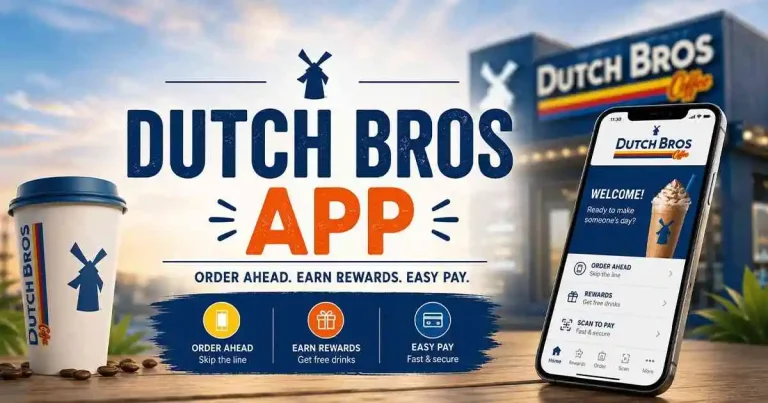 Dutch Bros App featuring mobile ordering, rewards, drink customization, exclusive deals, easy payment, and fast coffee pickup.