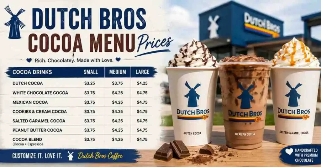 Dutch Bros Cocoa Menu Prices with full menu, drink sizes, and updated pricing