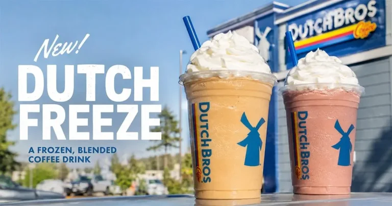 Dutch Bros Dutch Freeze blended coffee drink with whipped cream featuring updated menu flavors, prices, calories, and nutrition information.