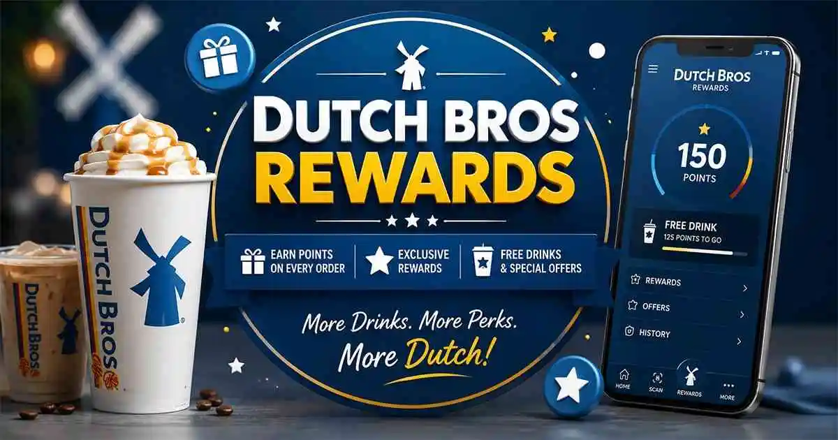 Dutch Bros Rewards guide showing how to earn points, unlock exclusive rewards, and redeem free drinks easily