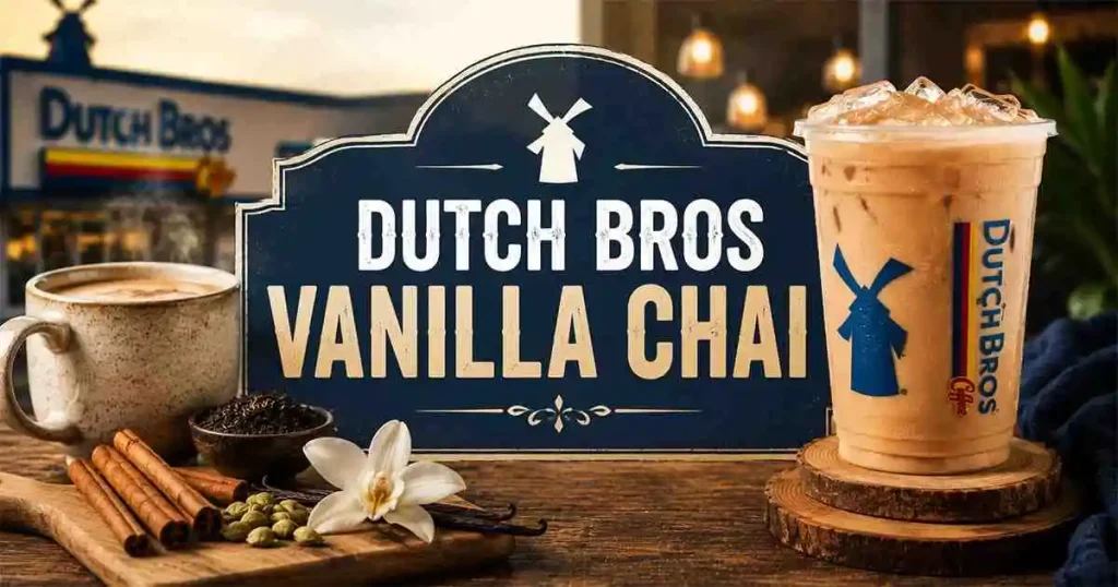 Creamy Dutch Bros Vanilla Chai featuring aromatic chai spices, sweet vanilla syrup, and fresh milk served hot or iced.