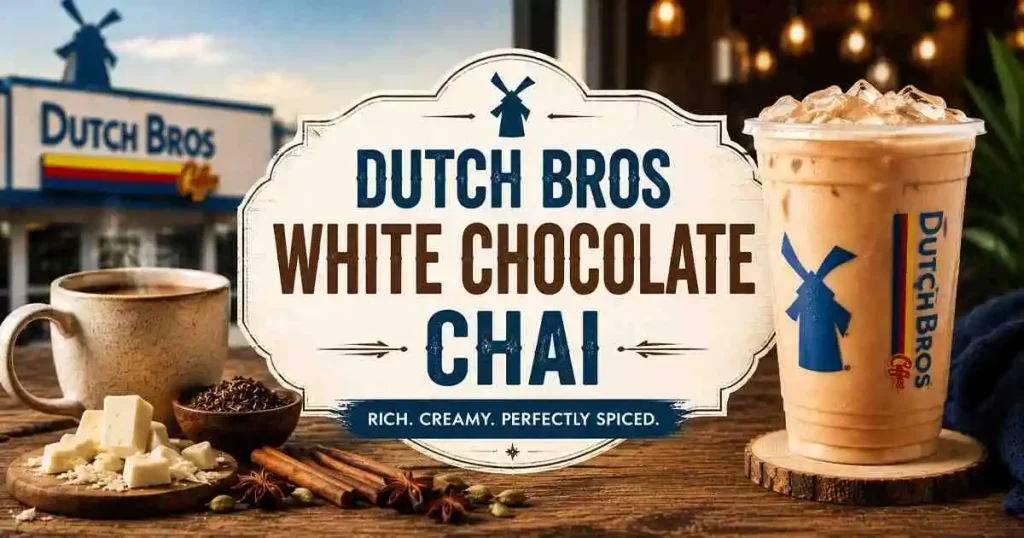 Dutch Bros White Chocolate Chai with rich white chocolate flavor, aromatic chai spices, and creamy milk served hot or iced.