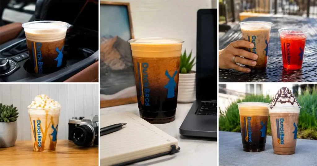 Collection of Dutch Bros cold brew drinks including Nitro Cold Brew, Caramelizer, and Annihilator in different settings showing real customer enjoyment