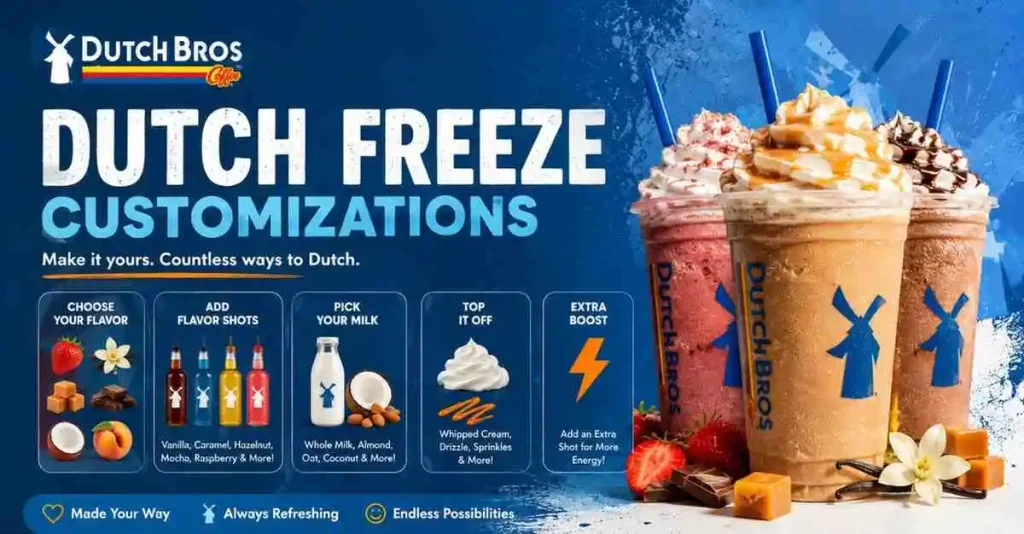 Dutch Freeze Customizations guide showing the best Dutch Bros frozen drink options