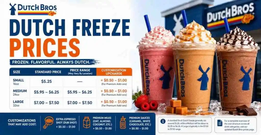 Dutch Freeze pricing at Dutch Bros with small, medium, and large frozen drinks
