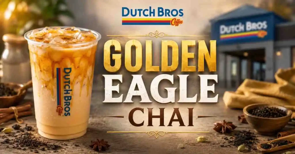 Golden Eagle Chai Dutch Bros made with spiced chai tea, creamy milk, vanilla syrup, and caramel sauce for a rich handcrafted drink.