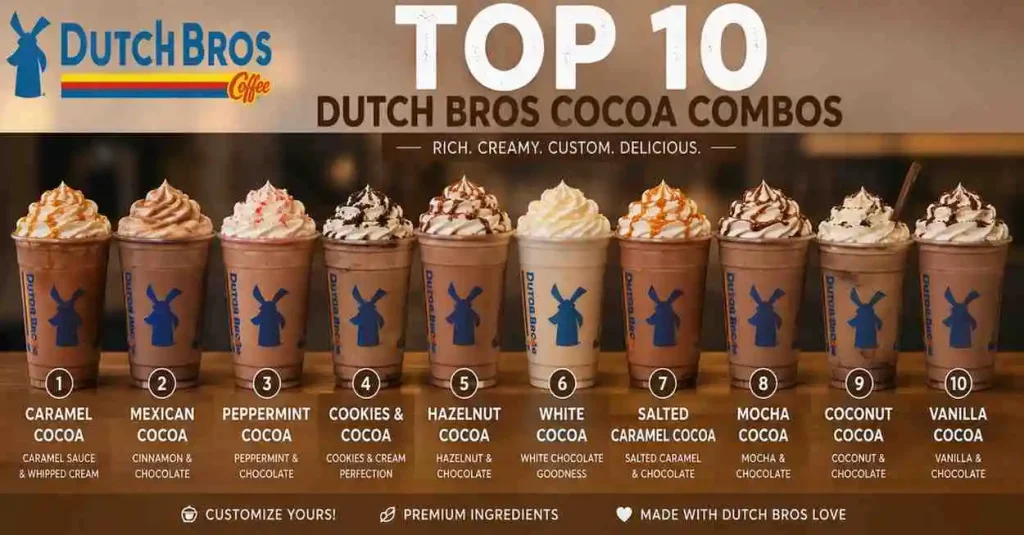 Dutch Bros Cocoa menu featuring the top 10 best cocoa combos