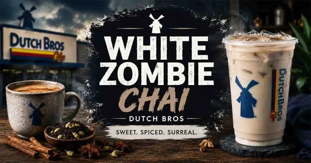 White Zombie Chai Dutch Bros featuring creamy chai tea with white chocolate and vanilla flavors, topped with ice for a rich and refreshing drink.