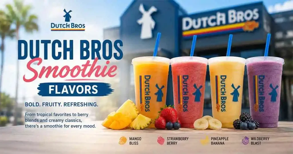 Smoothie Flavors at Dutch Bros featuring Strawberry, Mango, Peach, and Wildberry frozen drinks in refreshing, creamy cups.