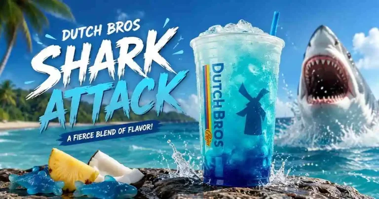Dutch Bros Shark Attack drink with blue raspberry, coconut, lime flavors served over ice in a colorful cup